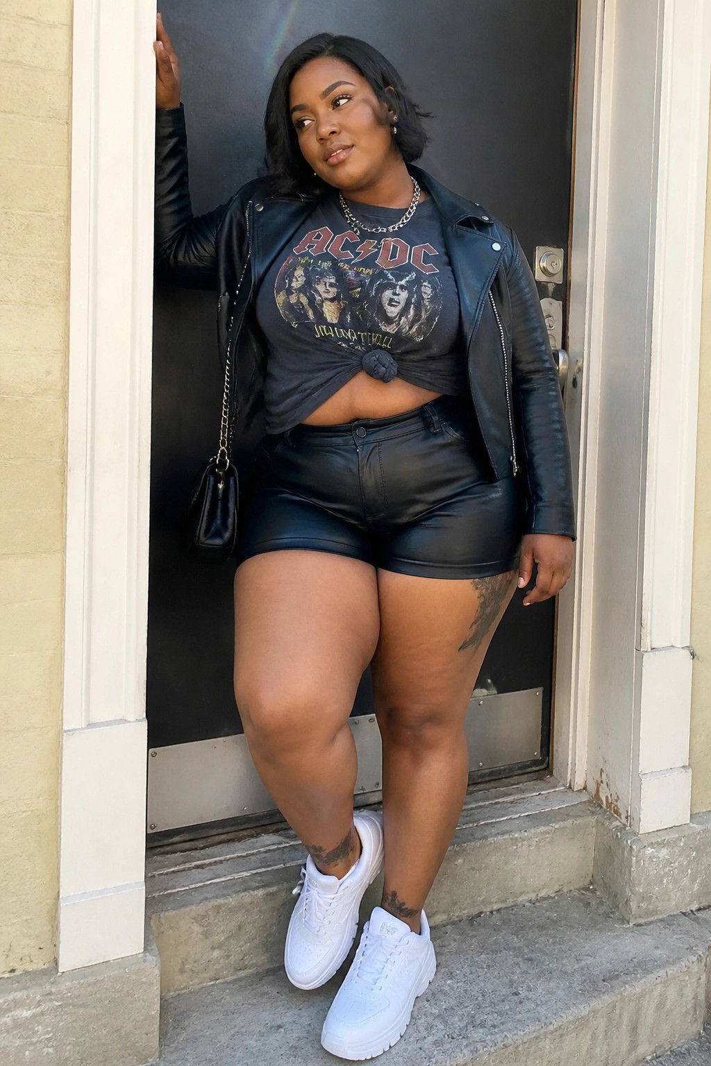 Curvy woman in black leather jacket, AC/DC tee, and shorts at doorway.