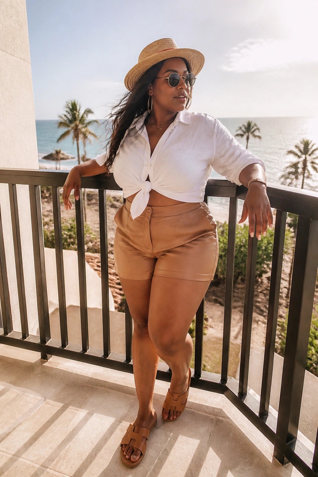 Woman in white tied shirt and tan shorts on ocean-view balcony wearing straw hat