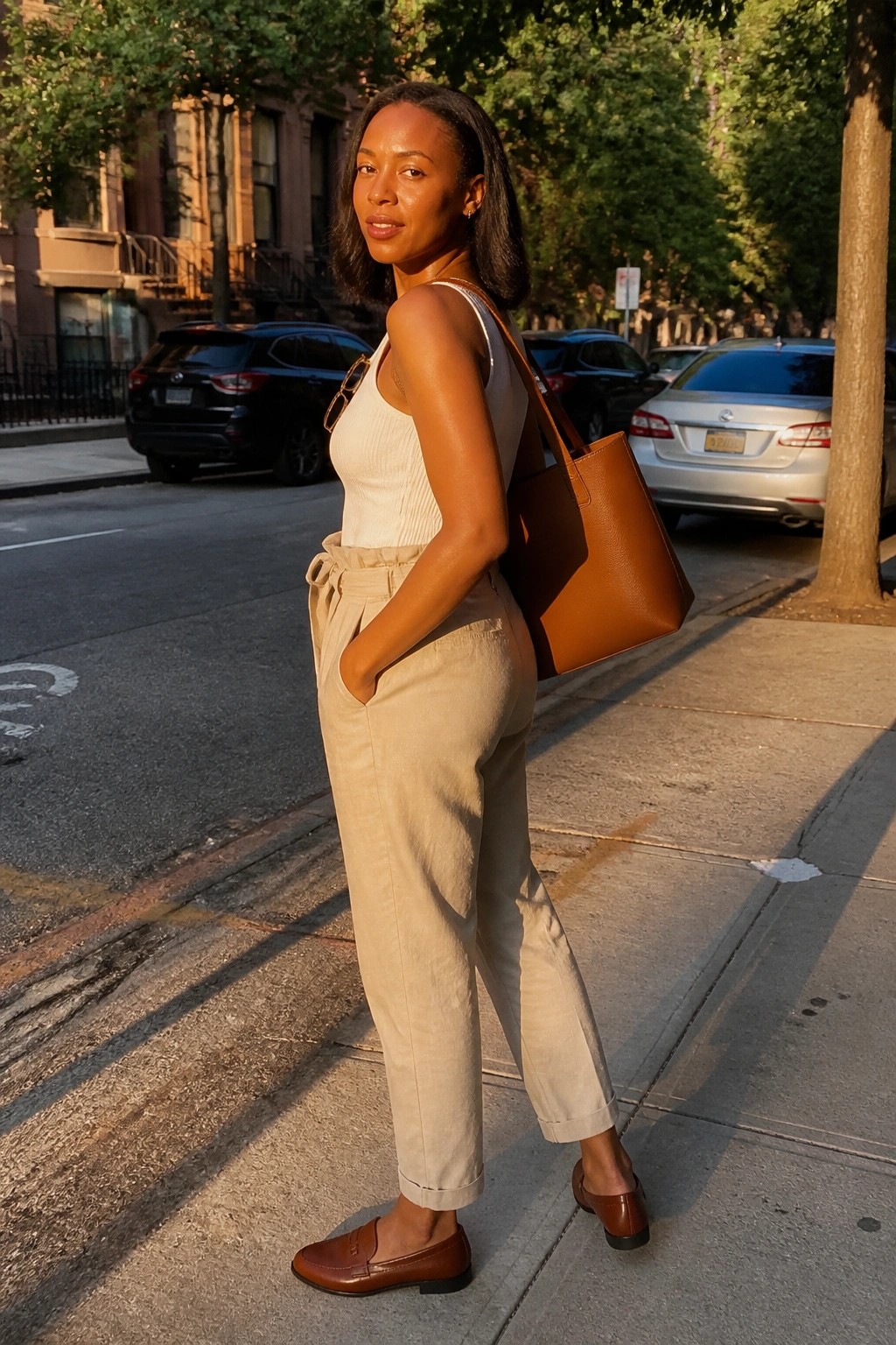 Woman in beige pants and white top with brown tote on sunny sidewalk