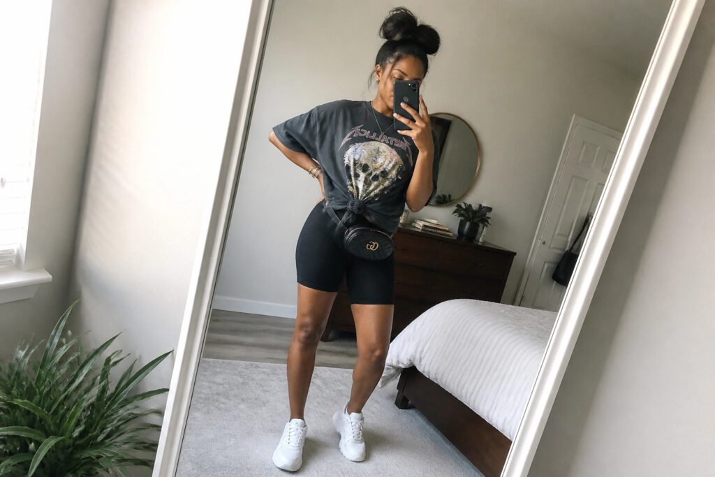 Woman in graphic tee and black shorts with denim tied at waist taking mirror selfie