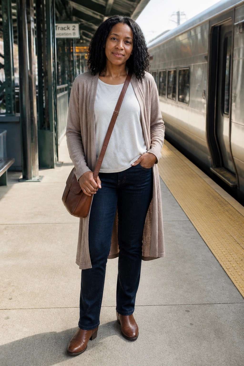 Woman with curly hair in beige cardigan and jeans on train platform