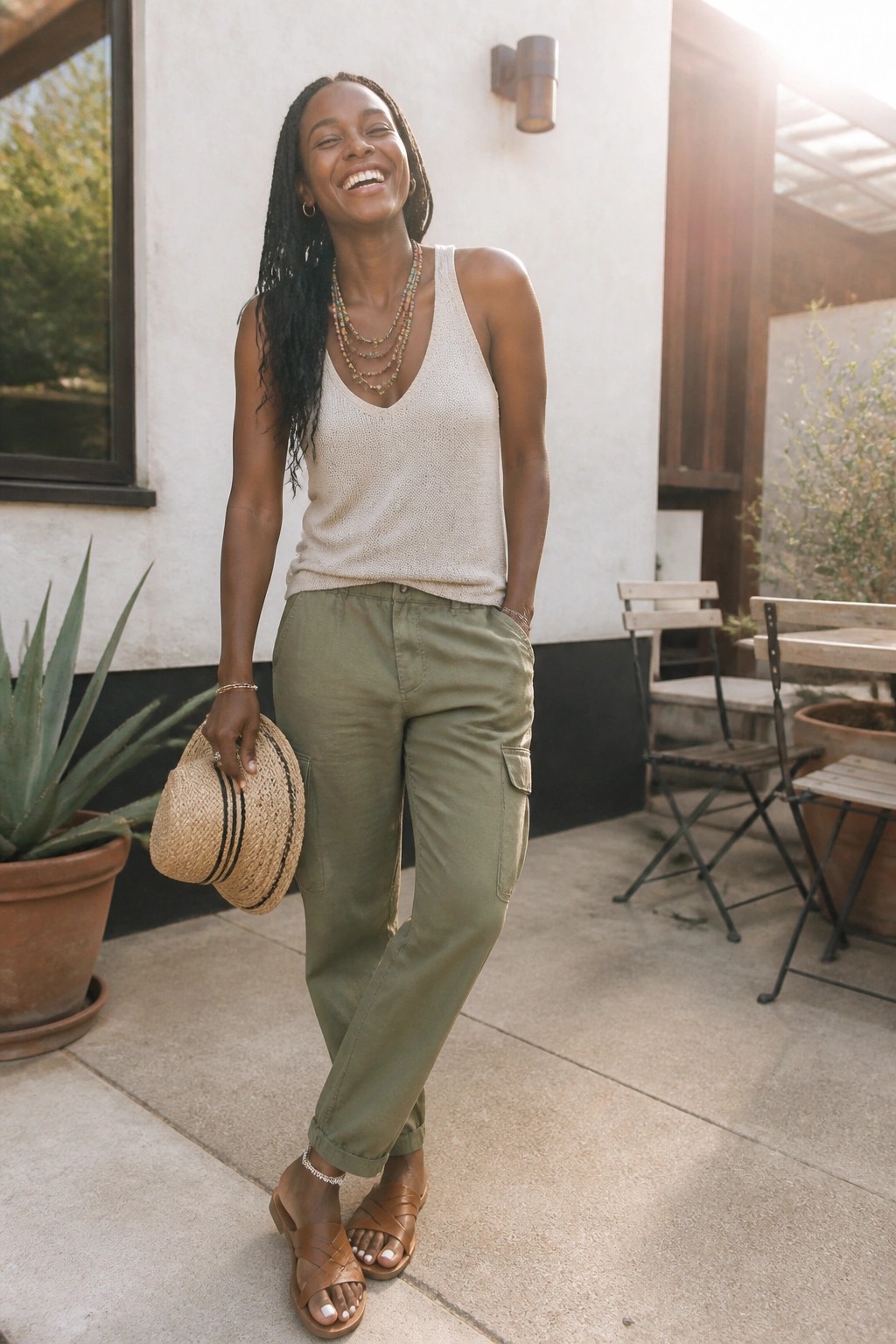 Smiling woman in beige knit tank and olive cargo pants holding straw hat on patio