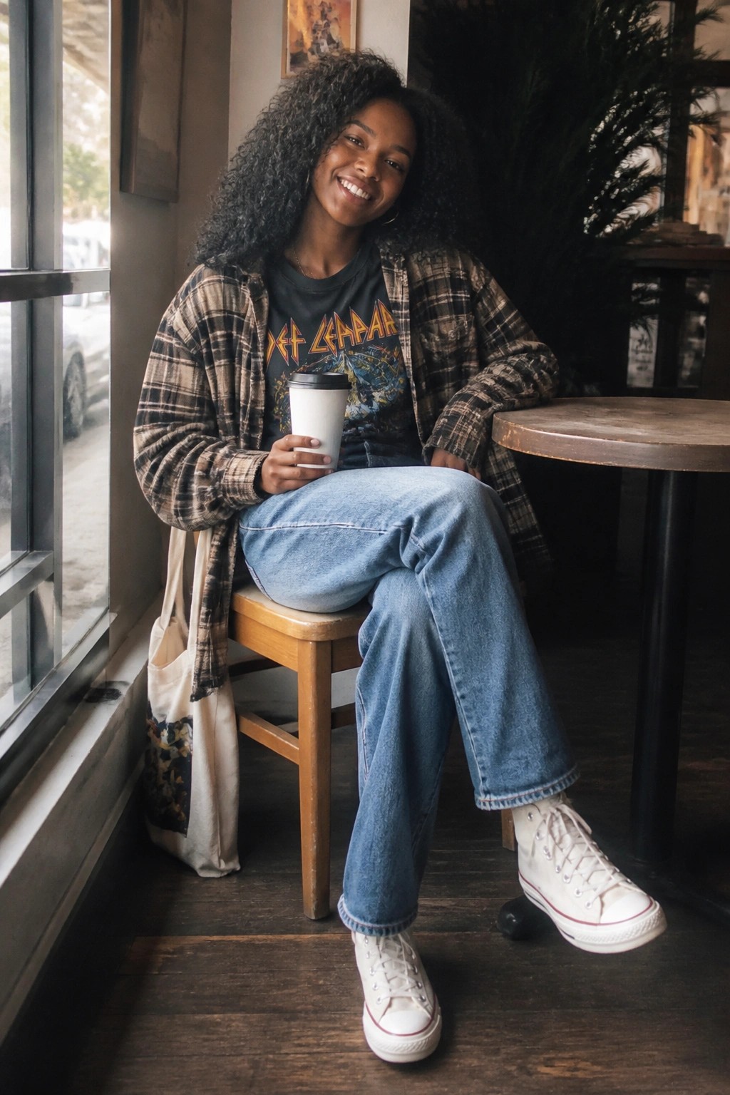 Smiling woman with curly hair in plaid flannel, band tee, and jeans holds coffee in cafe