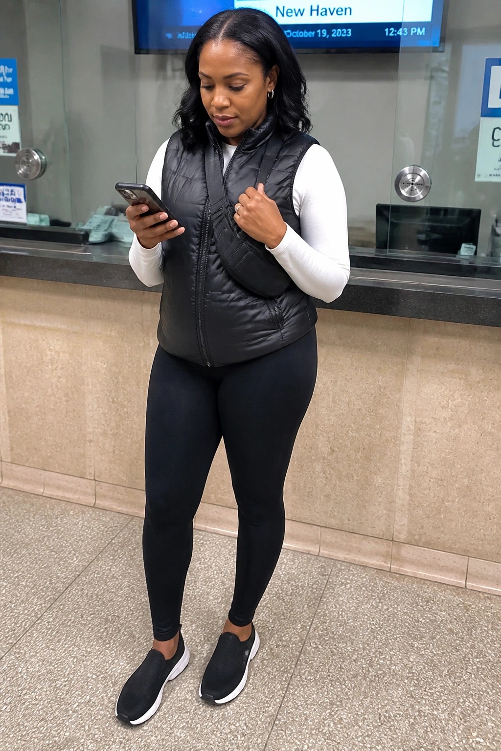Woman in black puffer vest and leggings checks smartphone in station