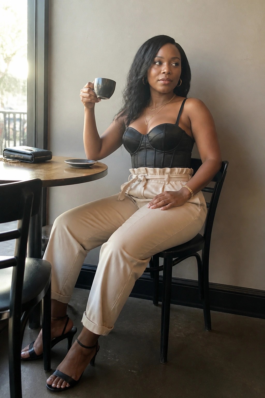 Woman in black corset and beige pants holding coffee cup at cafe table