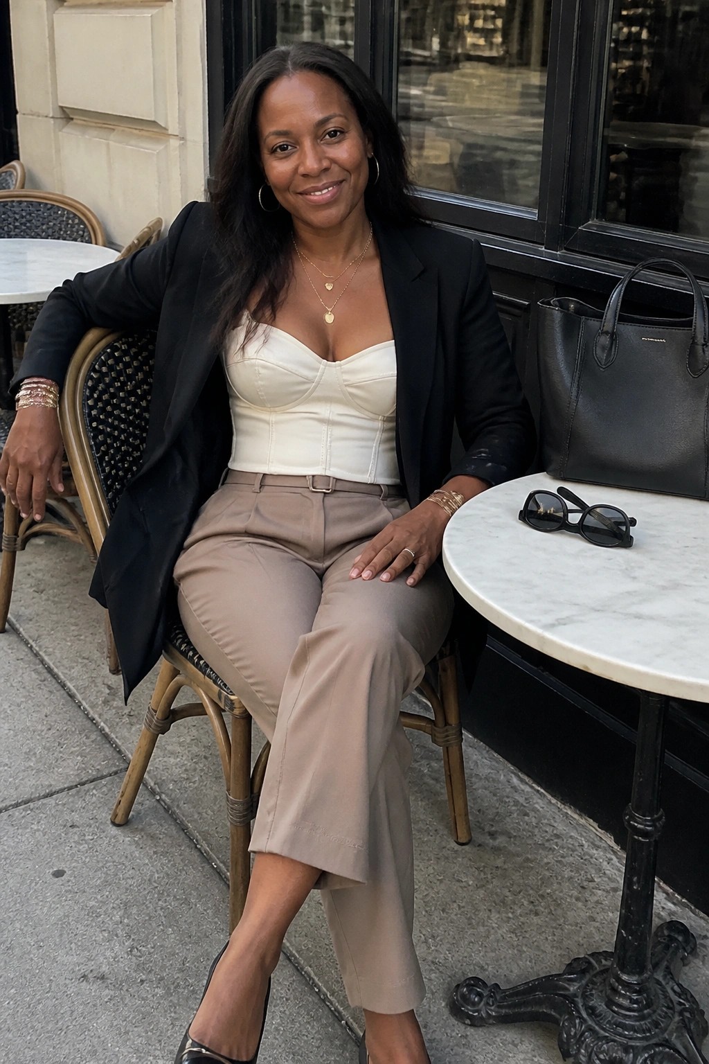 Woman in cream corset top and black blazer seated at outdoor cafe table with handbag.