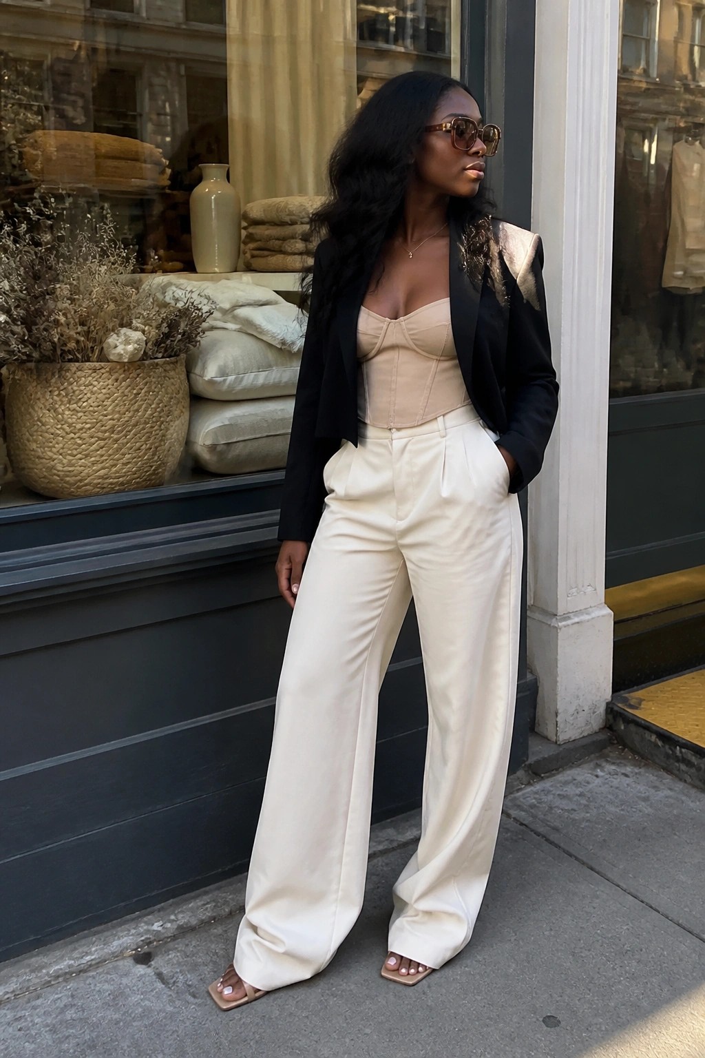 Woman in beige corset, black blazer, and white wide-leg pants on urban sidewalk.