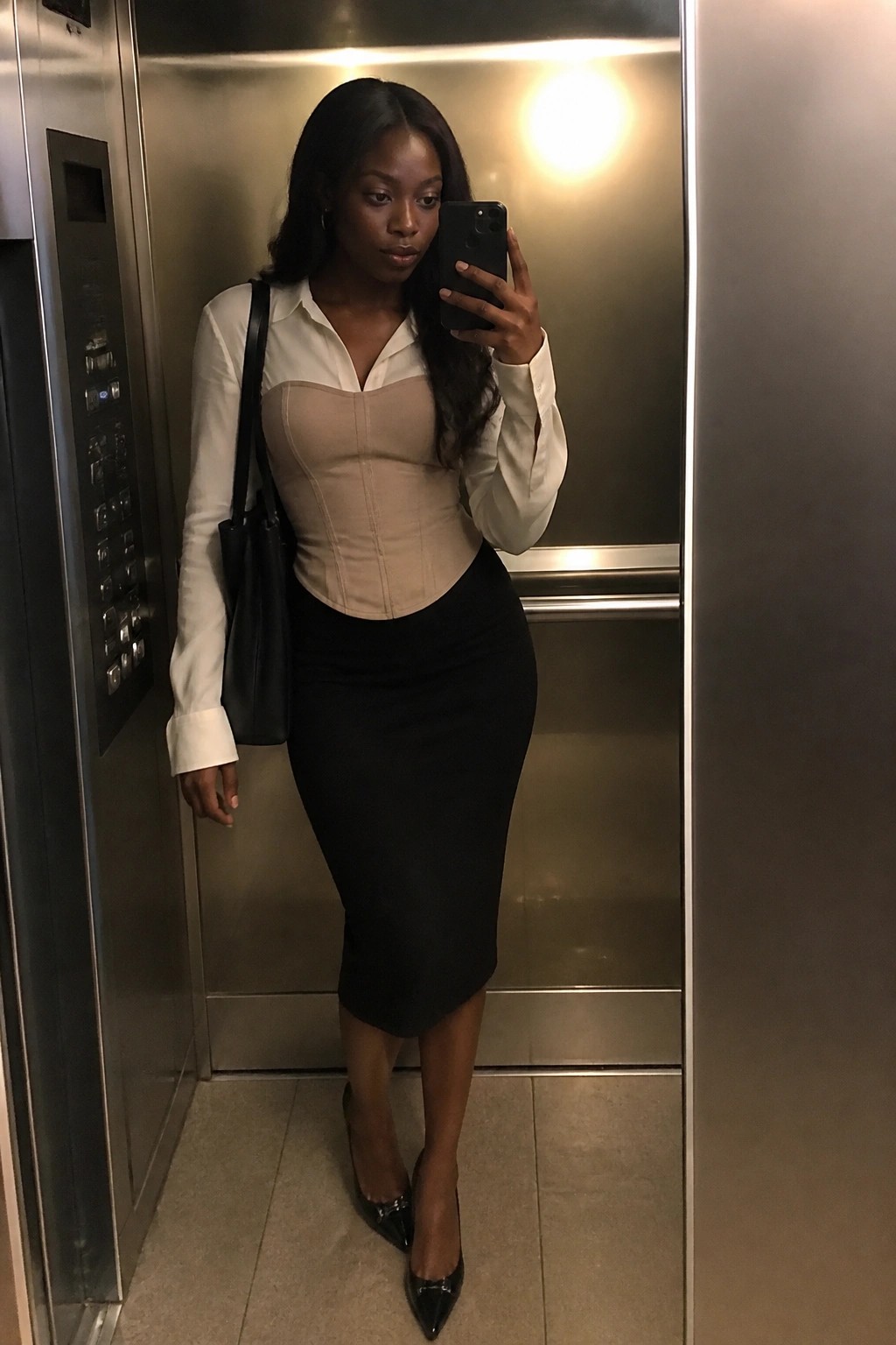 Woman in white shirt and beige corset with black skirt taking elevator selfie
