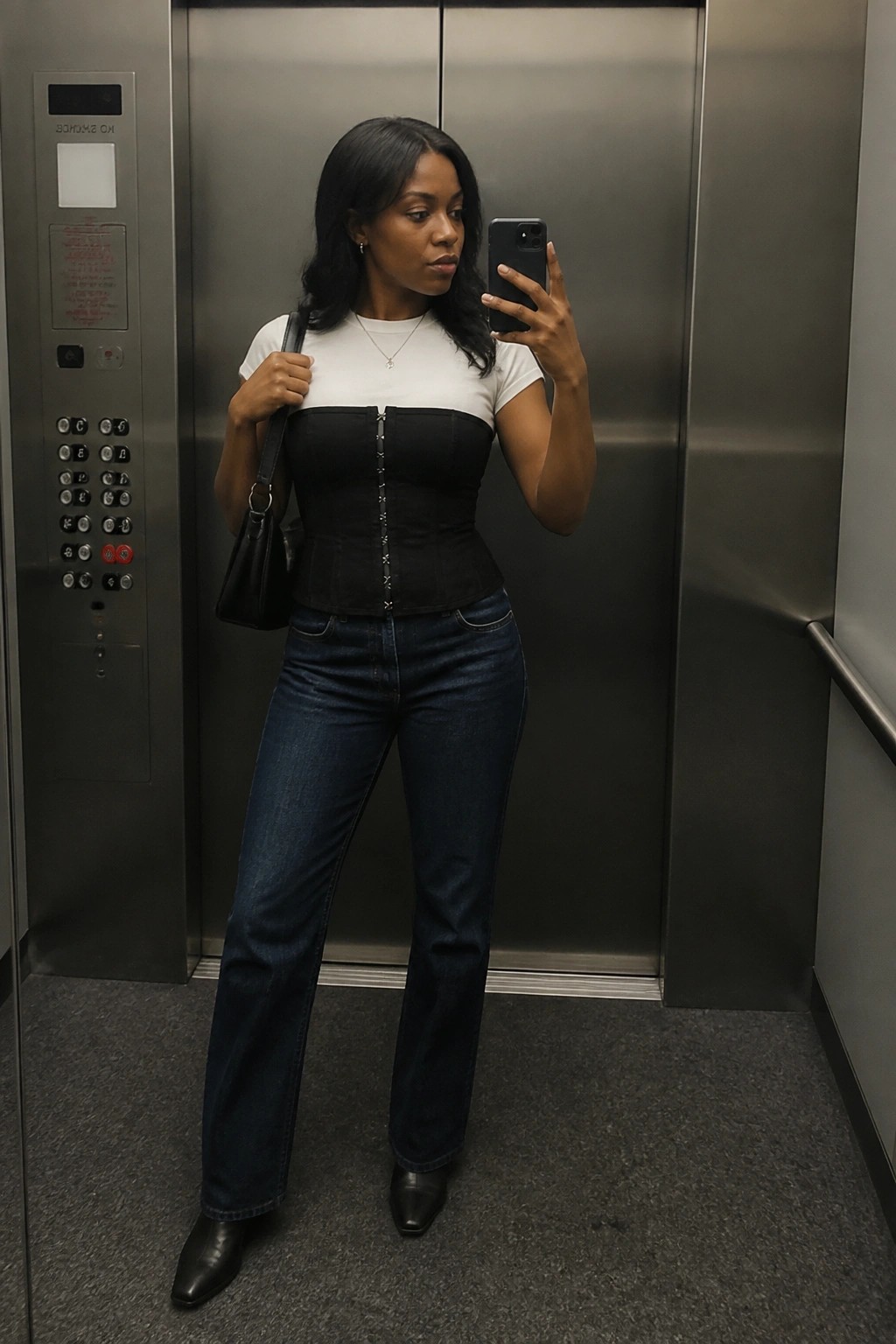 Woman in black corset top and blue jeans taking selfie in elevator