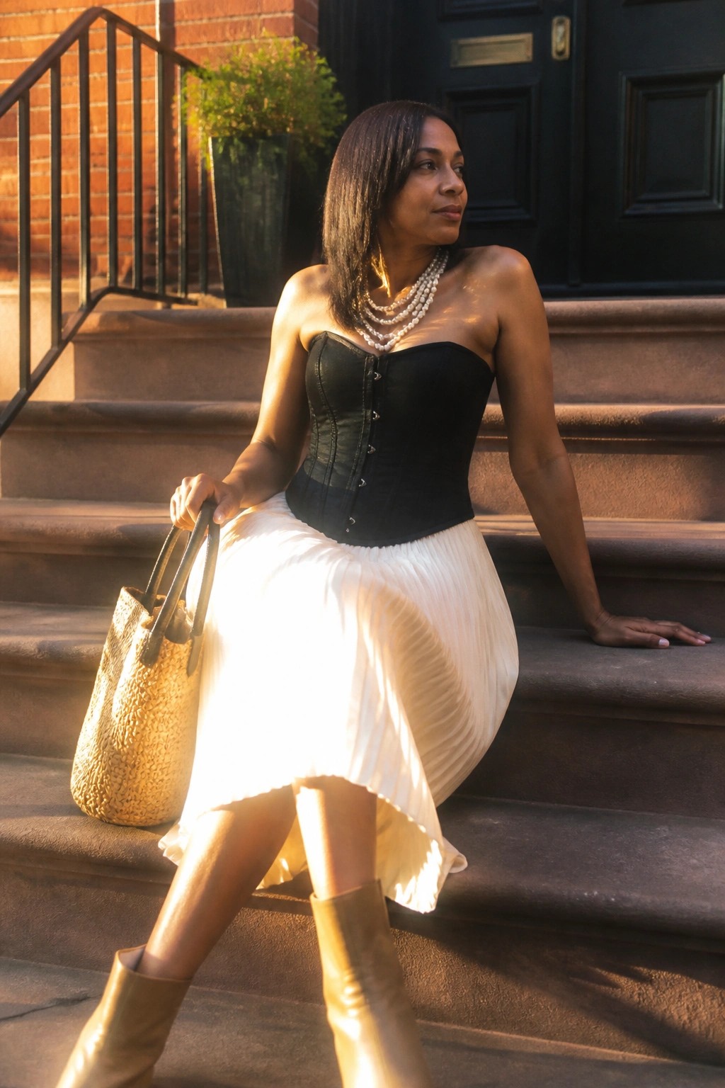 Woman in black corset and white pleated skirt sits on stone steps with straw bag