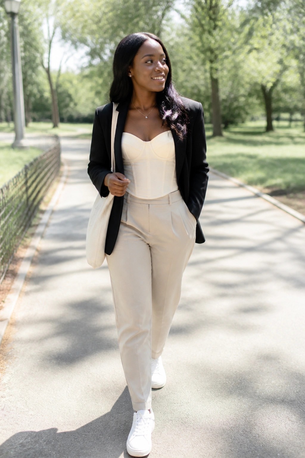 A Black woman wearing a cream corset top under an open black blazer, paired with beige trousers, white sneakers, and a white tote bag while walking on a paved path.
