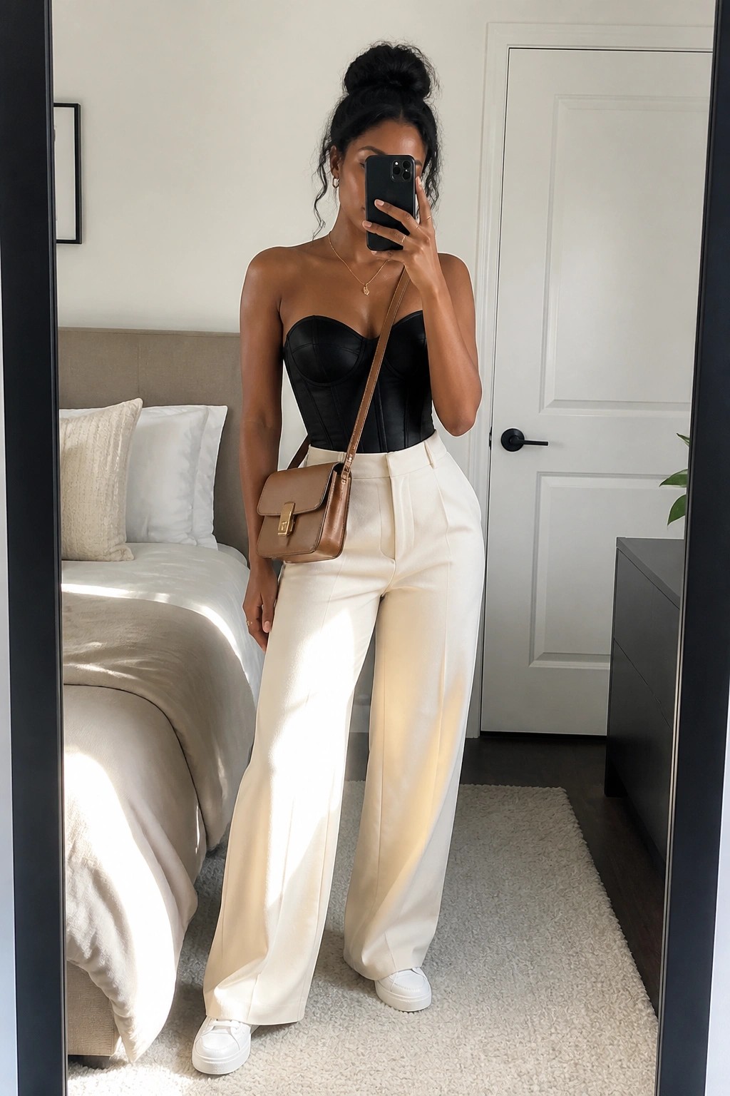 Woman in black strapless corset top paired with cream wide leg trousers, white sneakers, brown crossbody bag, and gold necklace taking a mirror selfie.