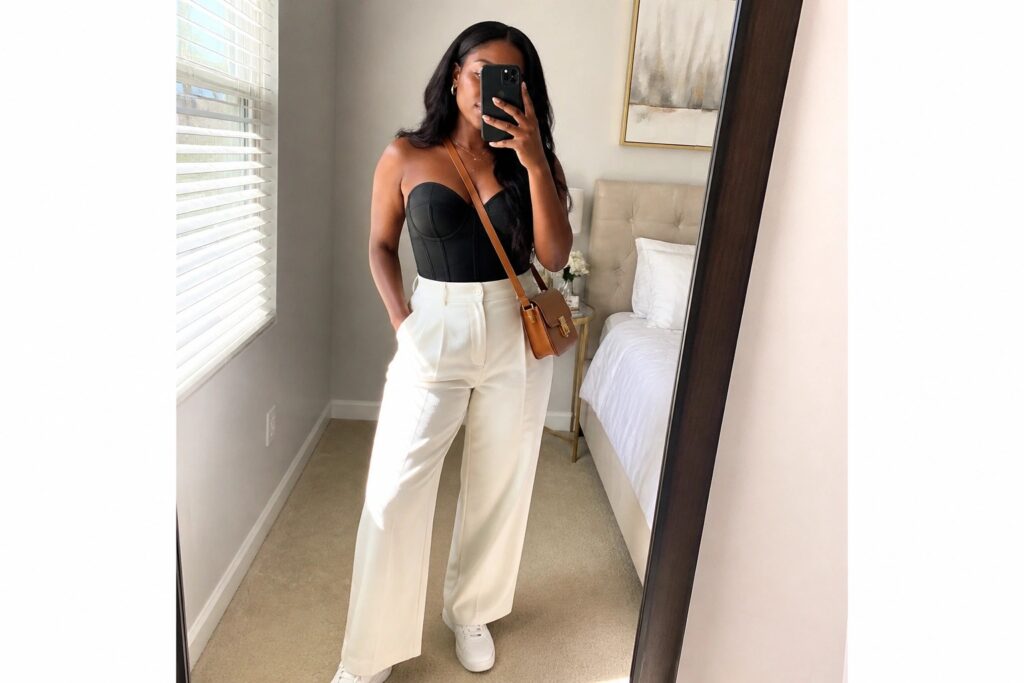 23 Classy Corset Outfit Ideas for Black Women in Timeless Black, White, and Neutral Tones Woman in black strapless corset top paired with cream wide leg trousers, white sneakers, brown crossbody bag, and gold necklace taking a mirror selfie.