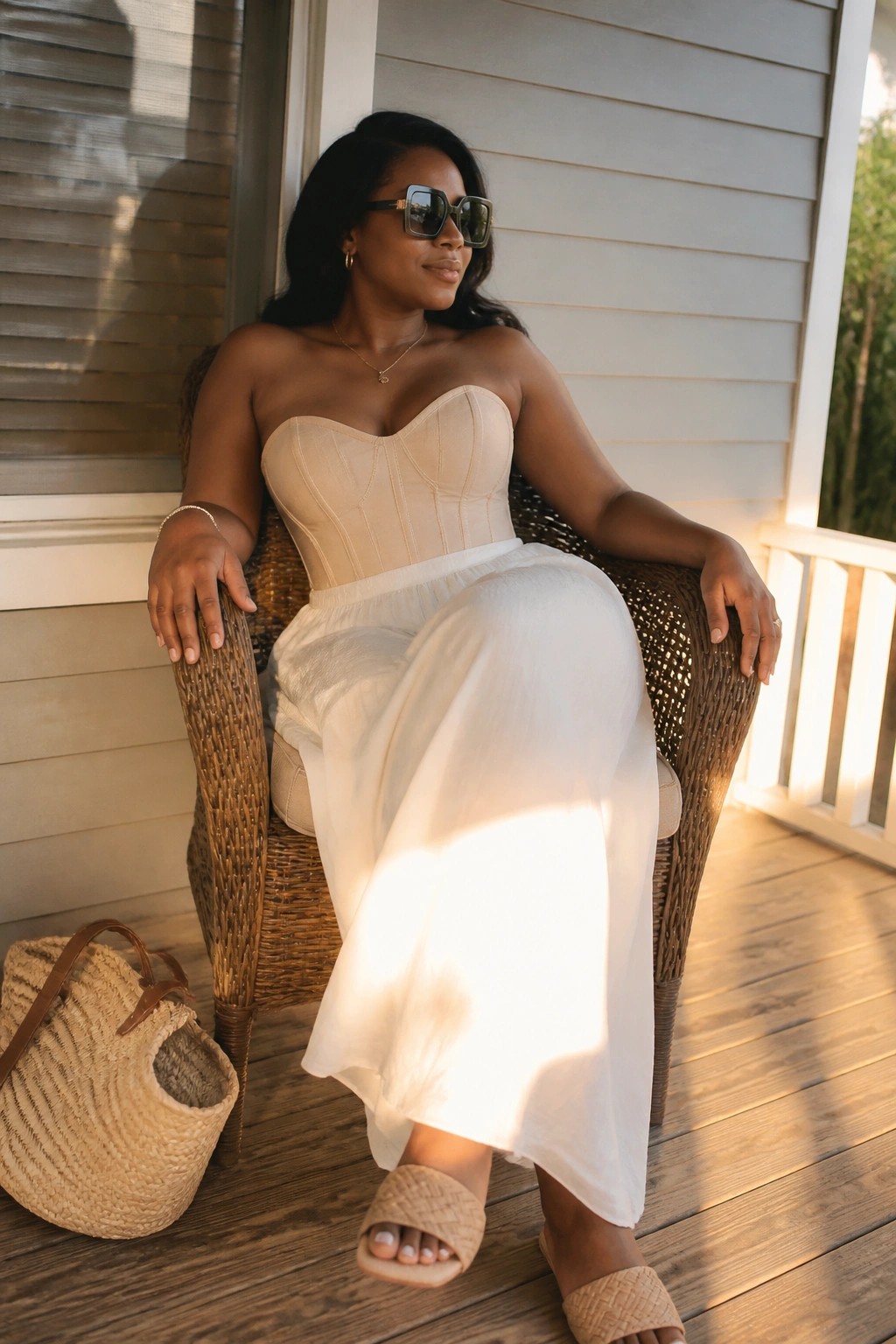 Woman in beige corset and white skirt seated in wicker chair on sunny porch.