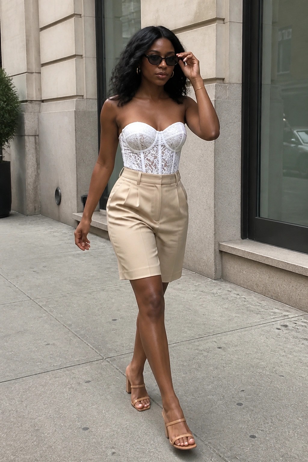 Woman in white lace corset and beige shorts posing on city sidewalk