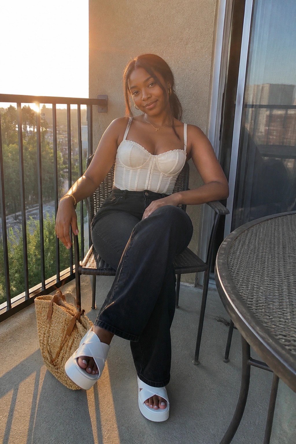 A woman in a white corset top black wide leg jeans and white platform slides with a straw tote and minimal gold jewelry.