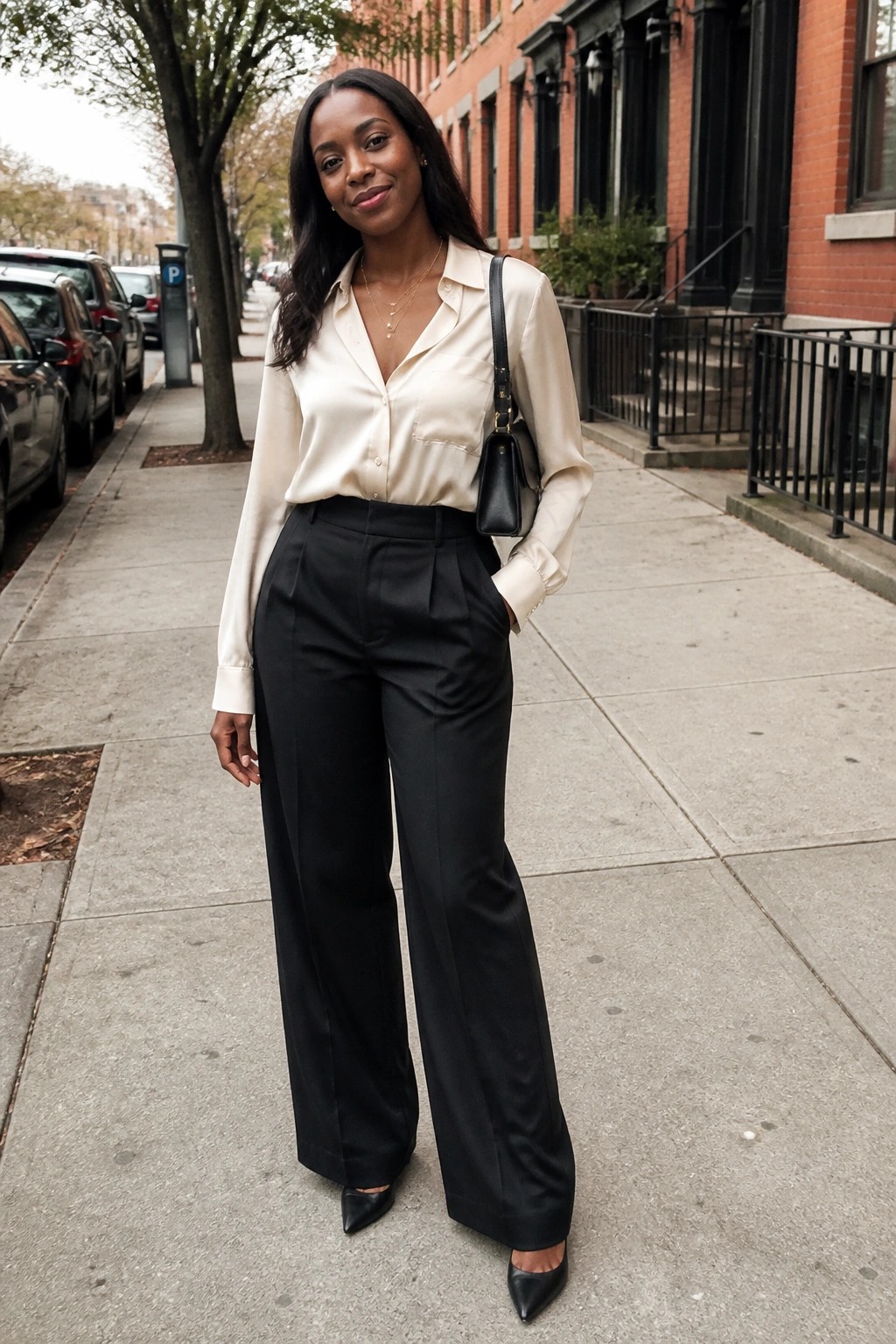 Stylish woman in cream satin blouse and black wide-leg pants on city sidewalk