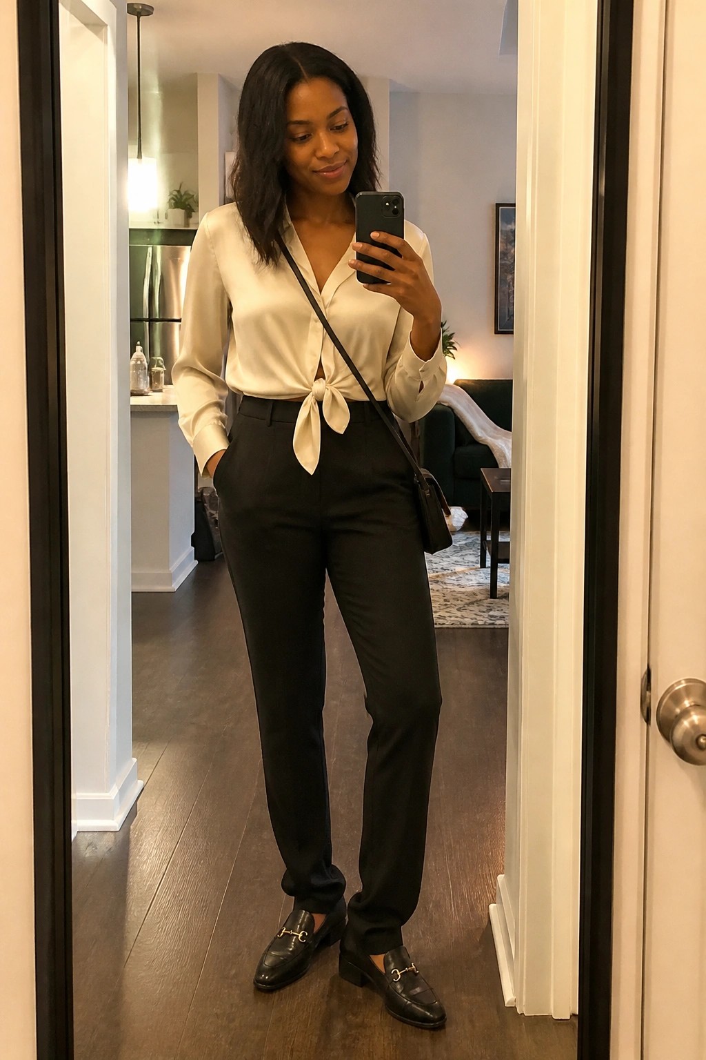 Woman in white tied blouse and black trousers taking mirror selfie indoors.
