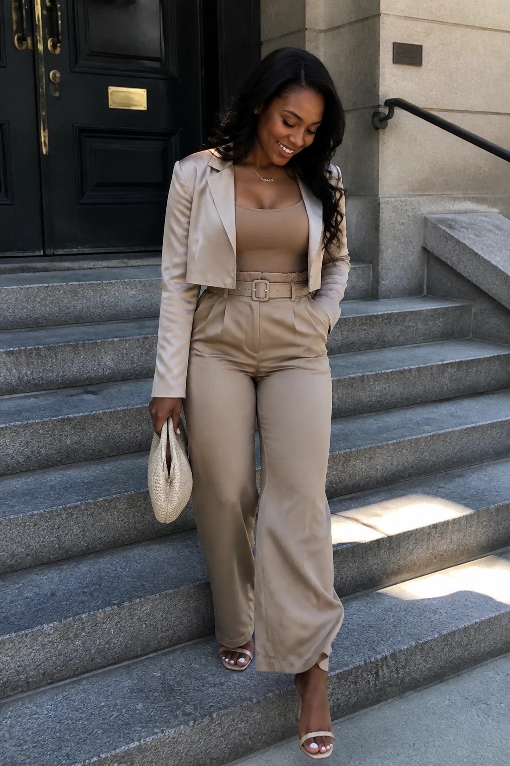 Smiling woman in beige cropped blazer and wide-leg pants on stone steps with clutch