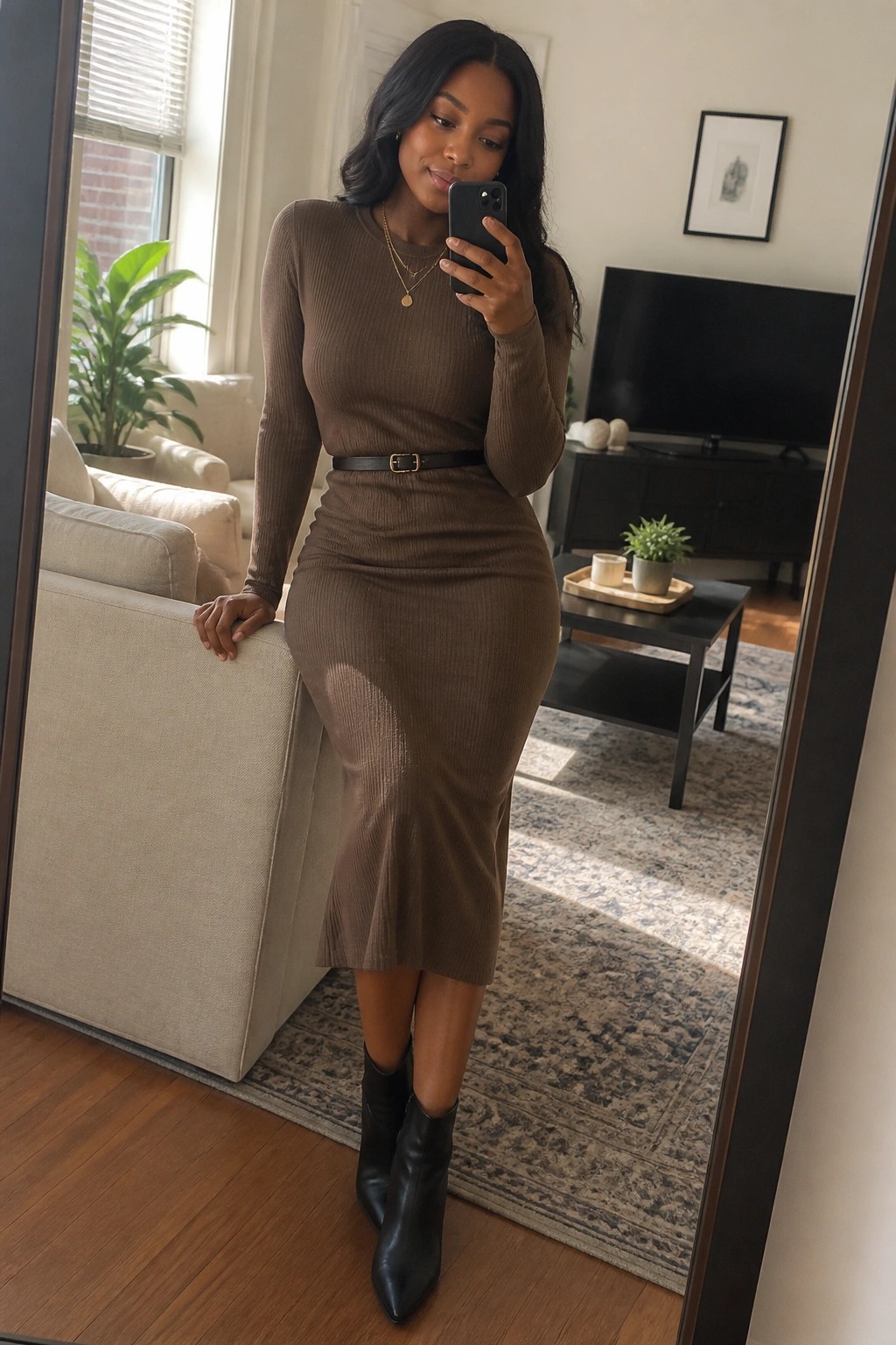 Woman wearing a brown ribbed long sleeve midi dress cinched with a black belt and gold buckle paired with black pointed ankle boots and layered gold necklaces while holding a phone for a mirror selfie.