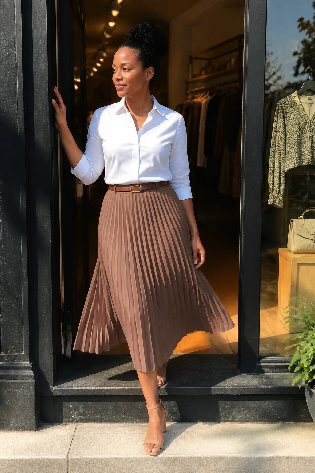Woman in white shirt and pleated brown skirt standing in boutique doorway