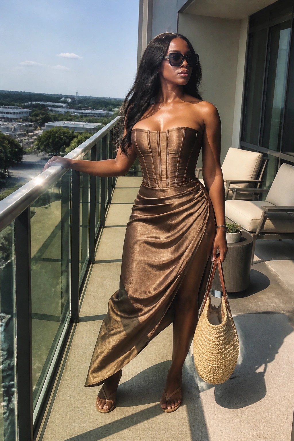 Woman in bronze strapless corset dress holding straw bag on sunny balcony
