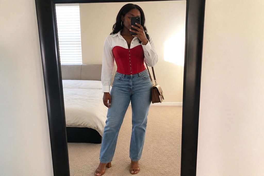 24 Eye-Catching Colorful Corset Outfit Ideas for Black Women in Red, Pink, Brown, and Metallic Styles Woman in red corset over white shirt with blue jeans taking mirror selfie