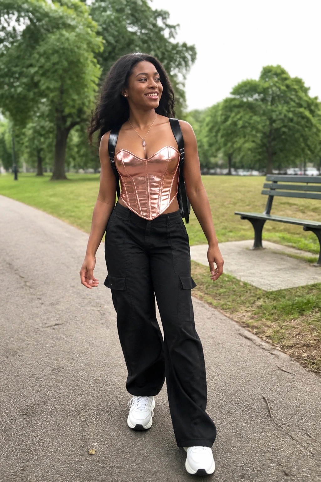 Black woman in rose gold metallic corset top, black cargo pants, white sneakers and backpack straps walking on a park path