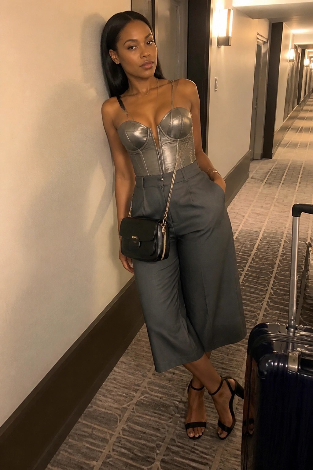 Woman in metallic corset top and gray culottes leaning in hotel hallway beside suitcase