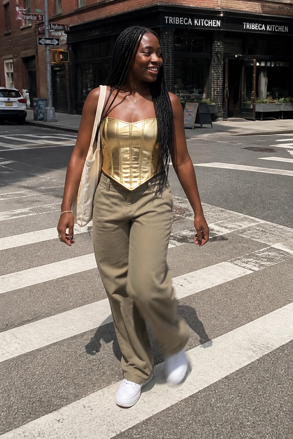Woman in gold corset and beige pants crossing city crosswalk with tote bag