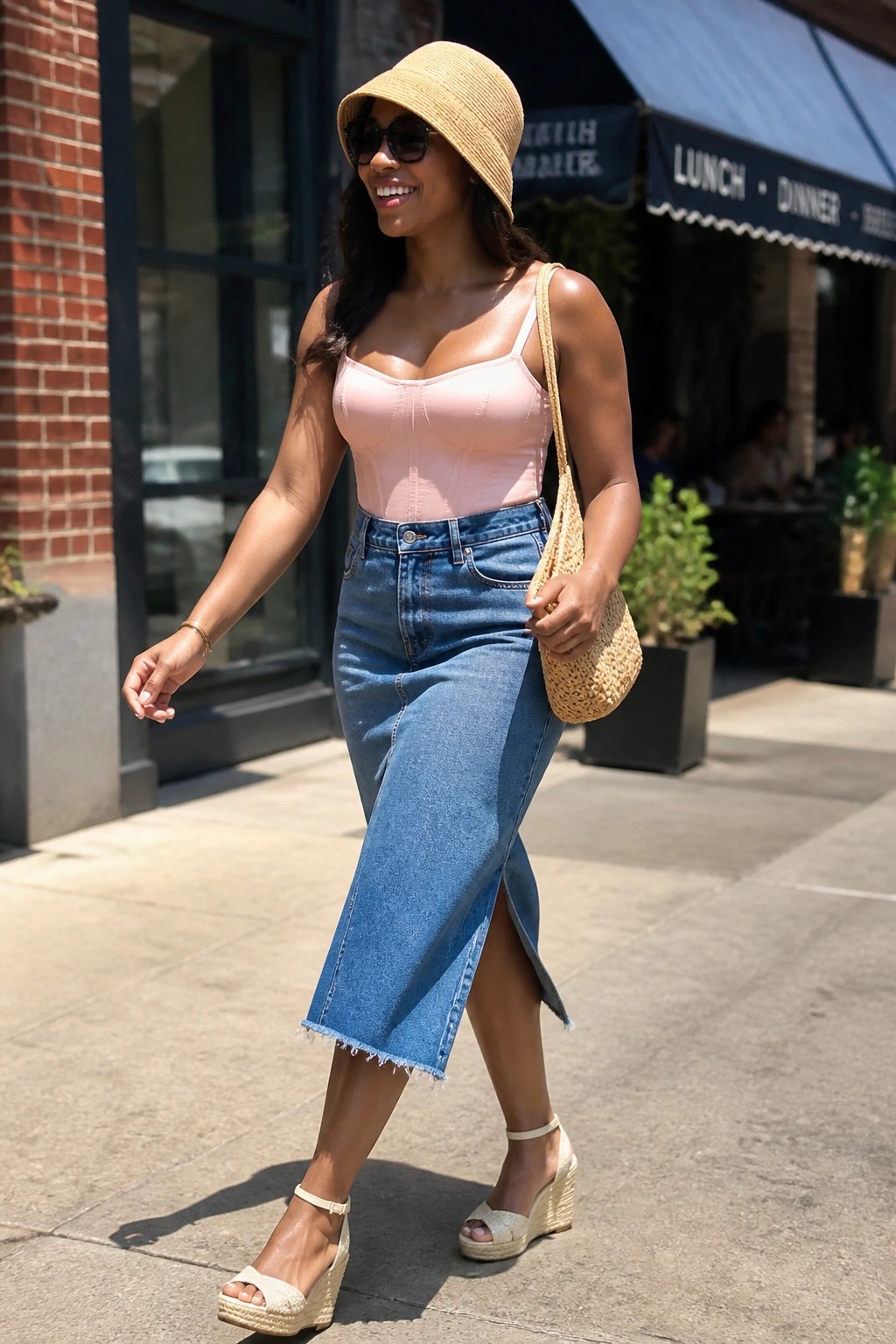 Woman in pink corset top and denim midi skirt with straw hat on city sidewalk