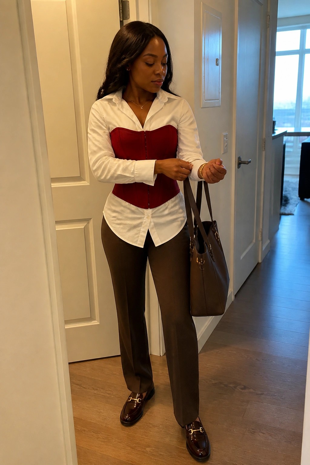 Woman in white shirt and red corset holding brown handbag in hallway