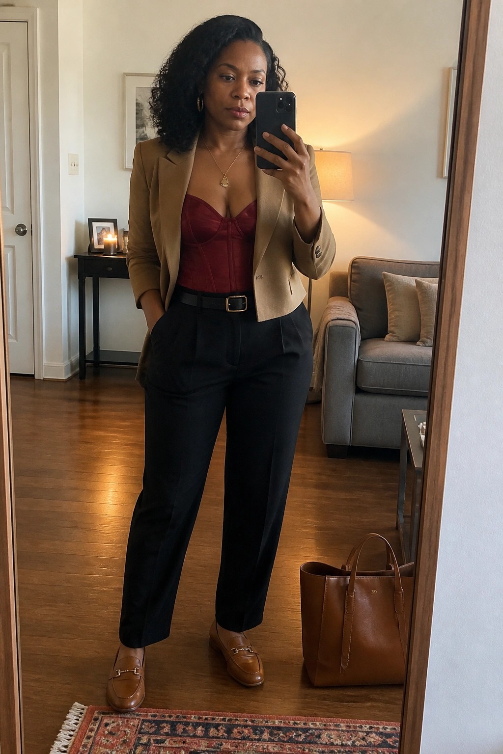 Woman in tan blazer and red corset taking mirror selfie in living room
