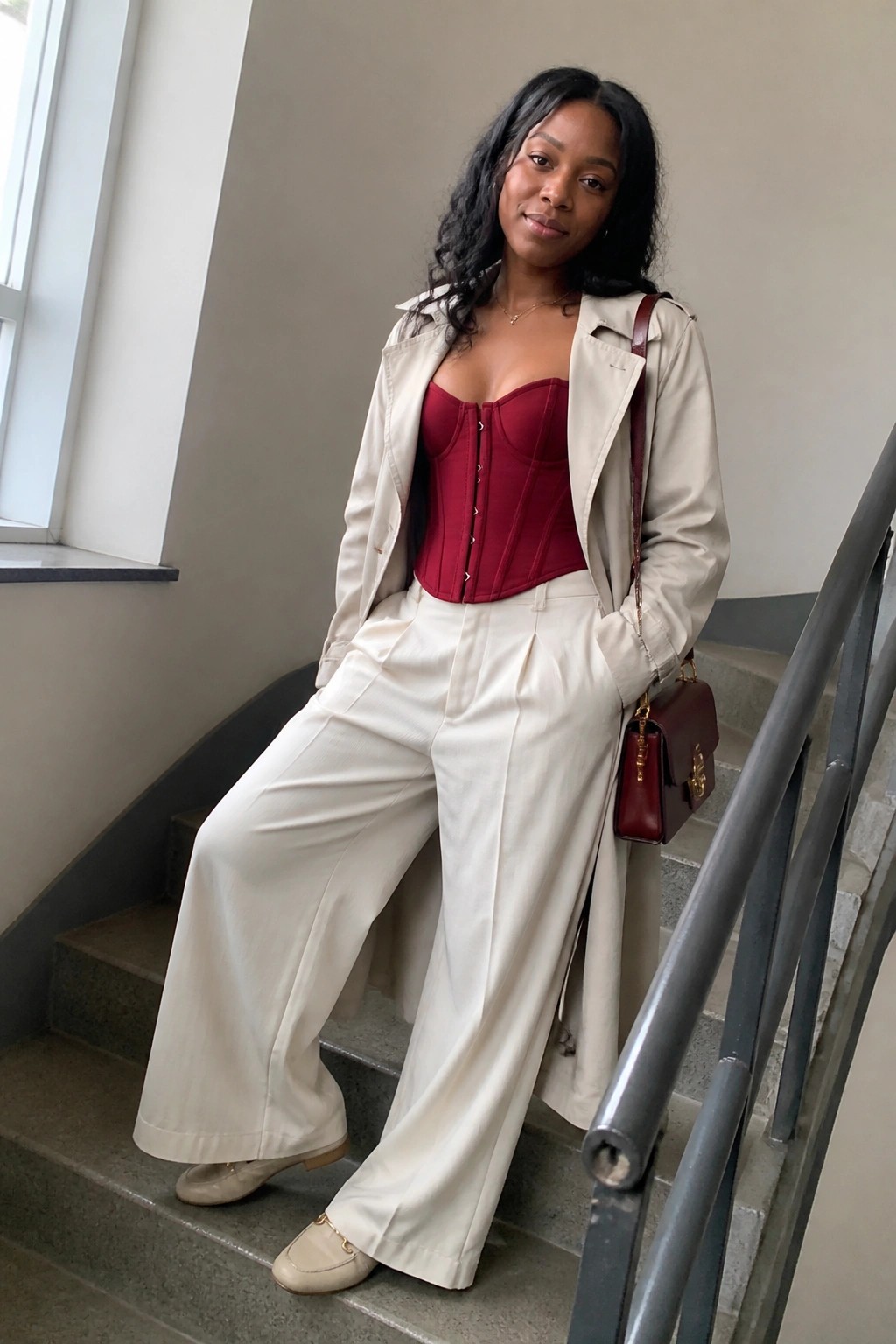 Woman in red corset, beige trench coat, white pants holding maroon handbag on stairs