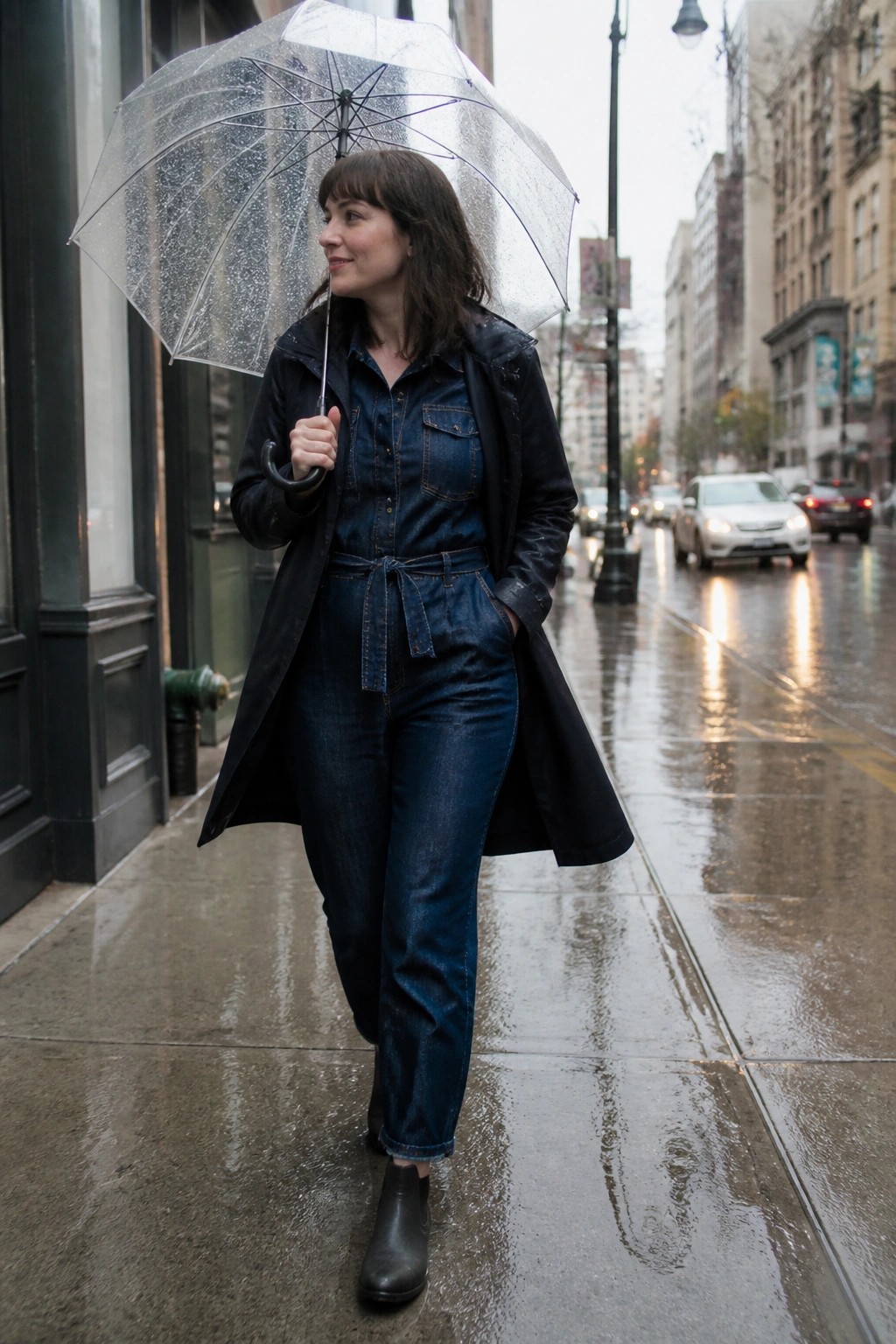 Woman in blue denim jumpsuit and black coat holding clear umbrella on wet street