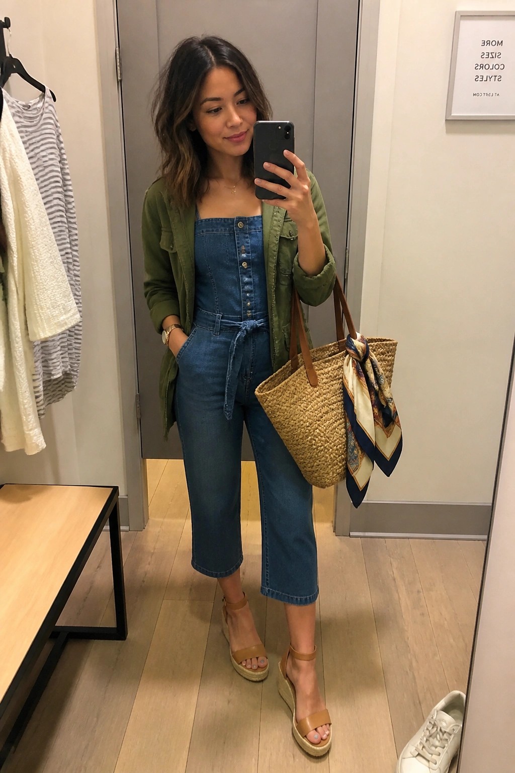 Woman in blue denim jumpsuit and green jacket taking mirror selfie with woven tote