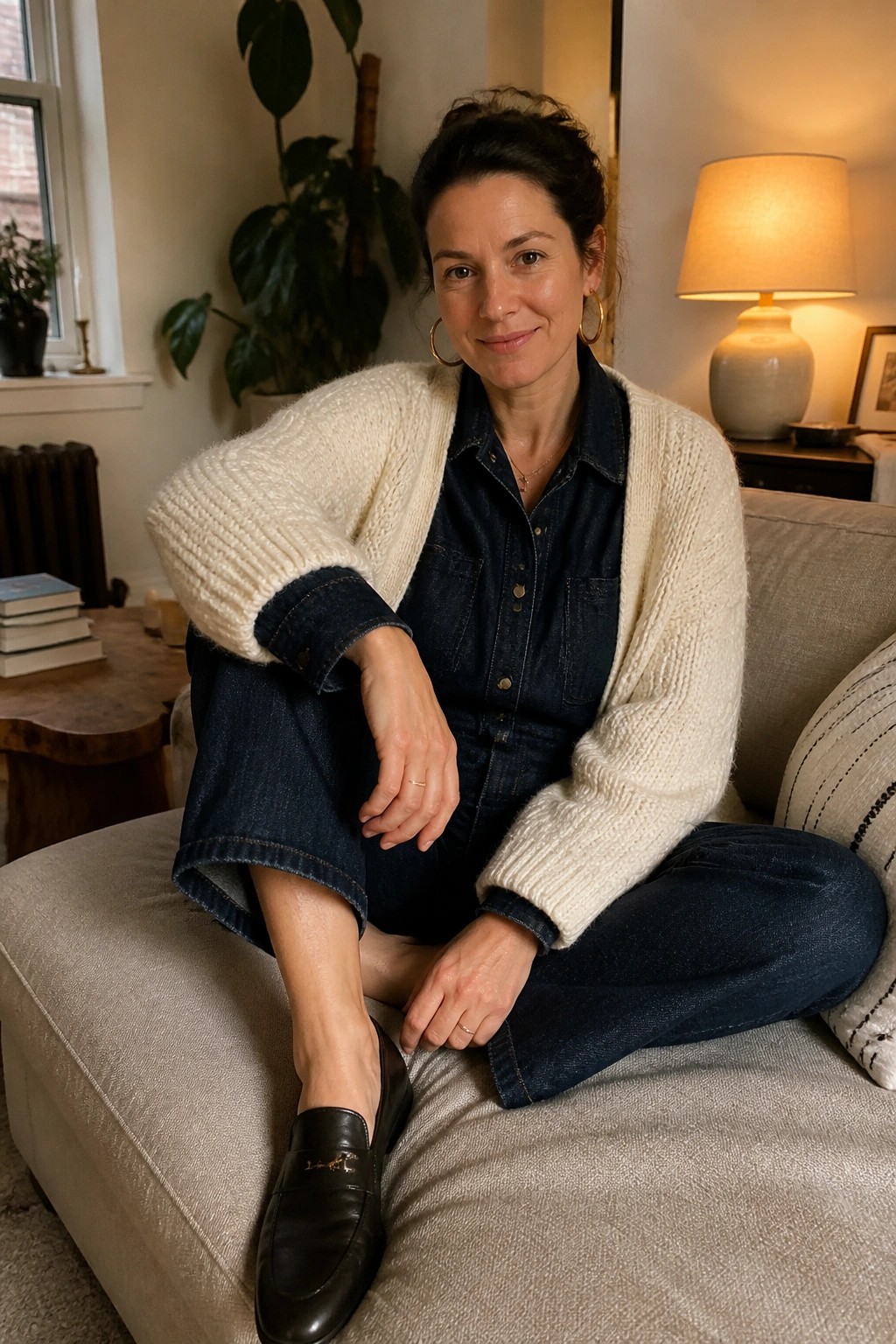 Woman in cream cardigan over denim jumpsuit seated on beige couch in living room