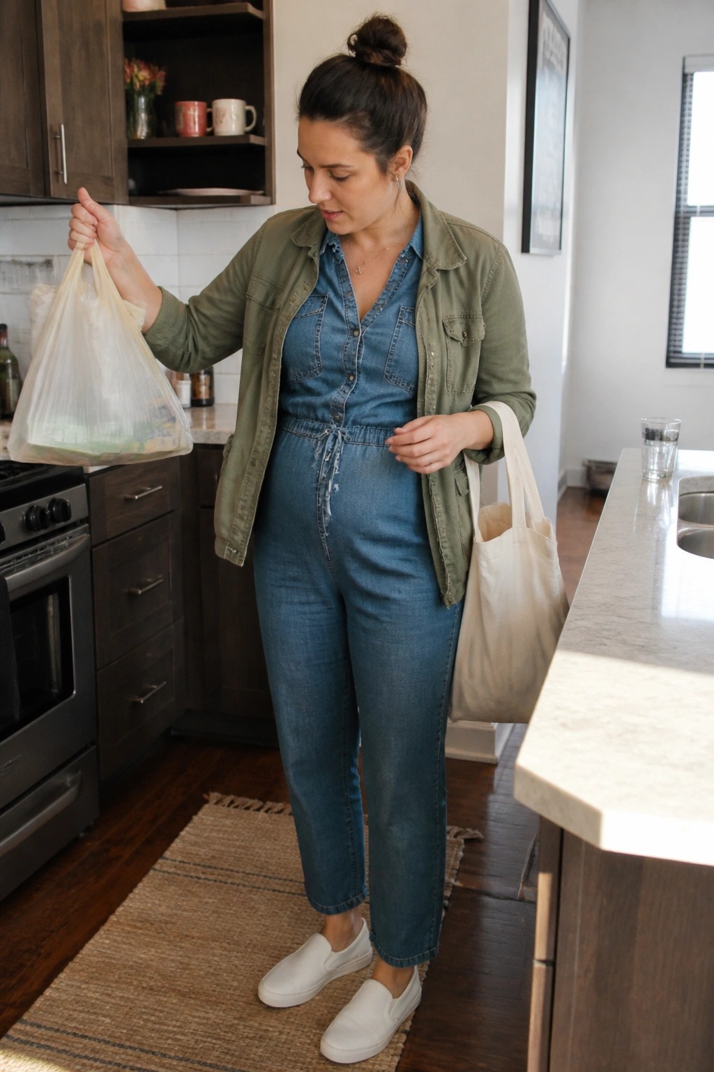 Woman in blue denim jumpsuit and green jacket holding grocery bags in kitchen.