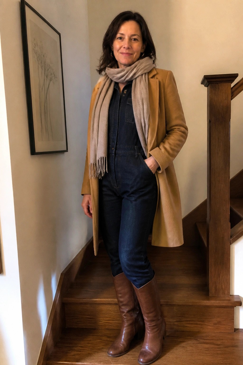 Woman in denim jumpsuit, tan coat, beige scarf, and boots on wooden stairs