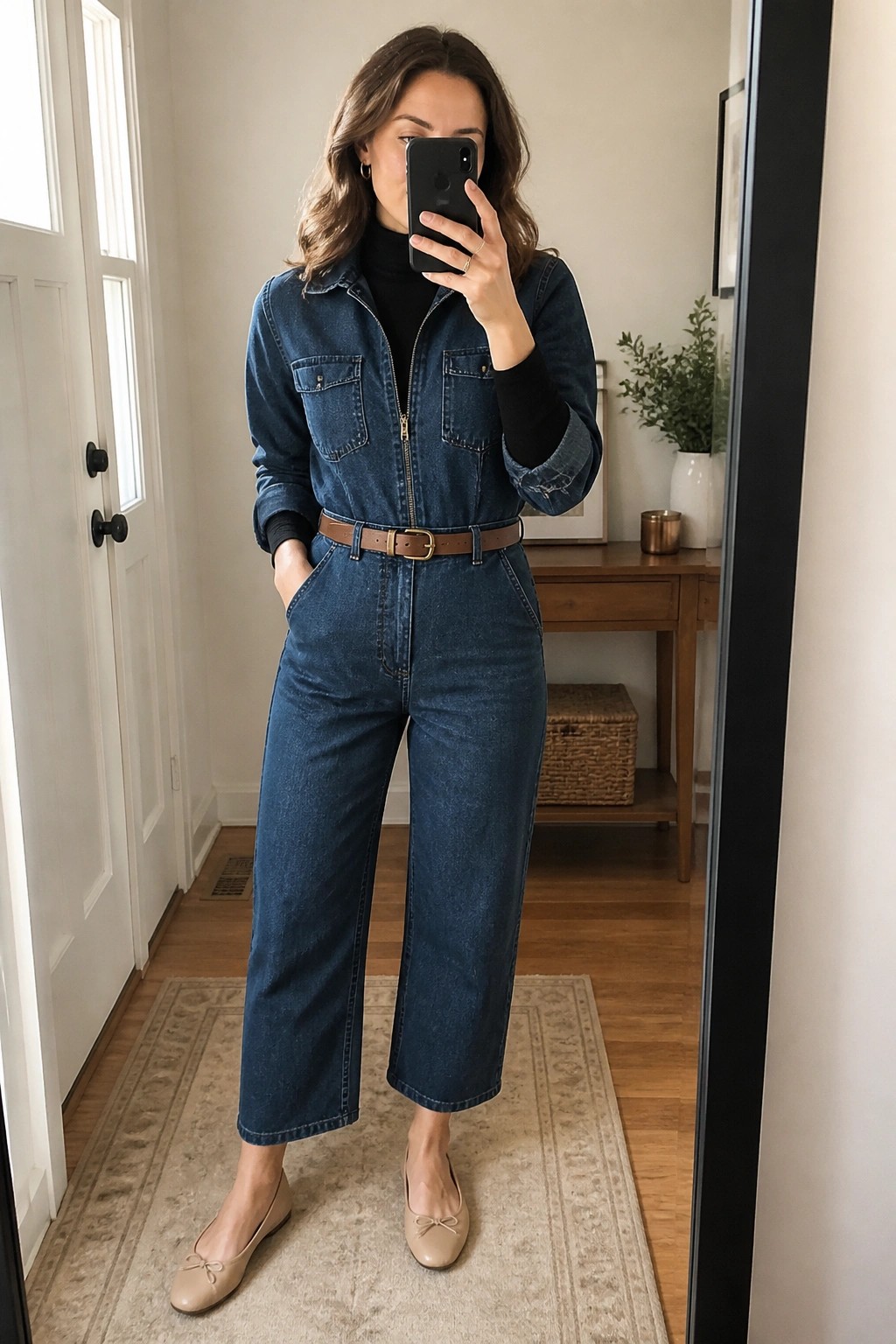 Woman in blue denim jumpsuit with brown belt taking mirror selfie in hallway