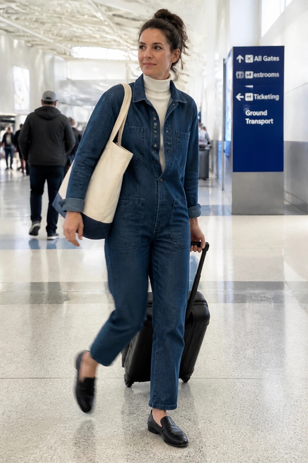 Woman in blue denim jumpsuit pulling black suitcase with white tote in airport