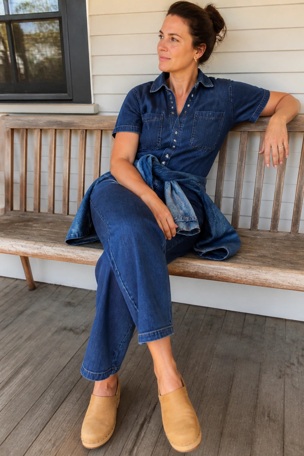Woman in blue denim shirt and jeans with tied jacket on wooden bench