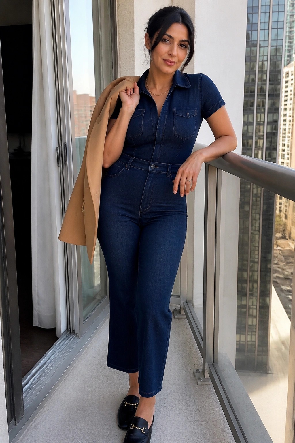 Woman in blue denim jumpsuit holding tan blazer on city balcony