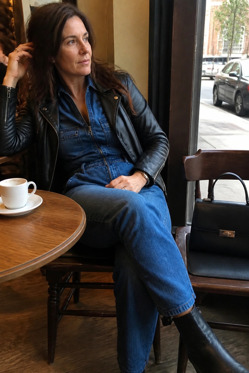 Woman in blue denim jumpsuit and black leather jacket seated in cafe
