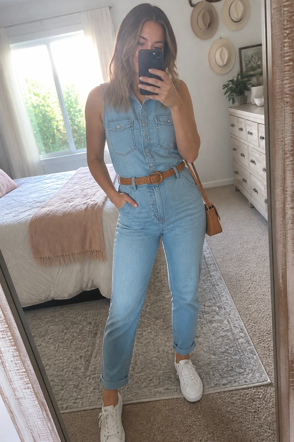 Woman in light blue denim jumpsuit with brown belt and white sneakers in bedroom mirror selfie