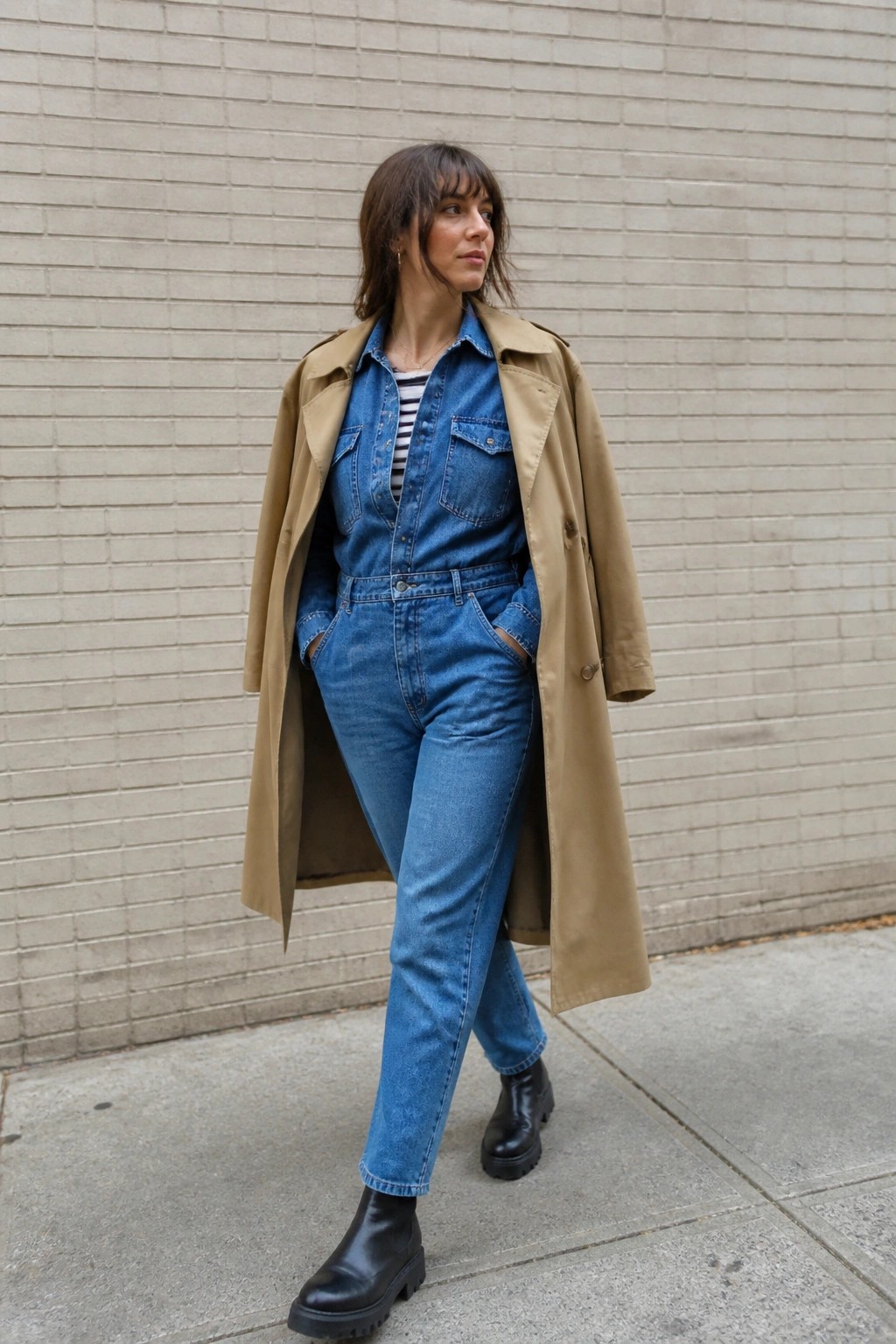 Woman in blue denim jumpsuit and beige trench coat on sidewalk.
