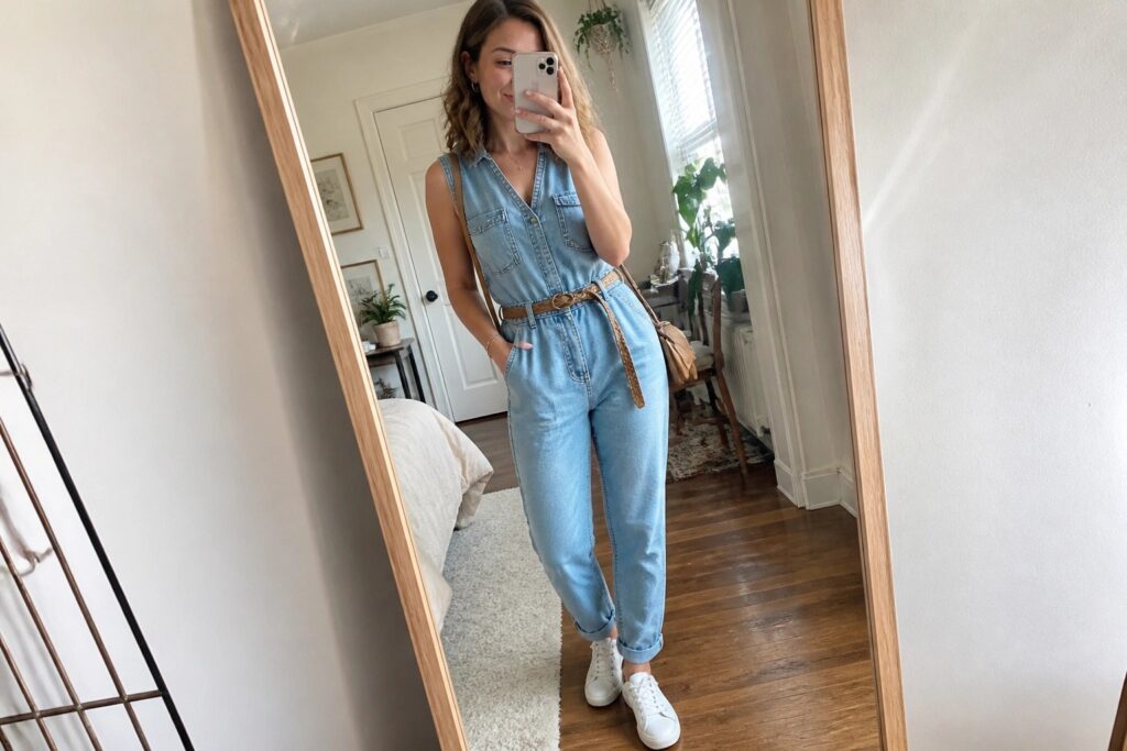 24 Fresh Blue Denim Jumpsuit Outfit Ideas Styled for Every Season Woman in light blue denim jumpsuit with brown belt and white sneakers in bedroom mirror selfie