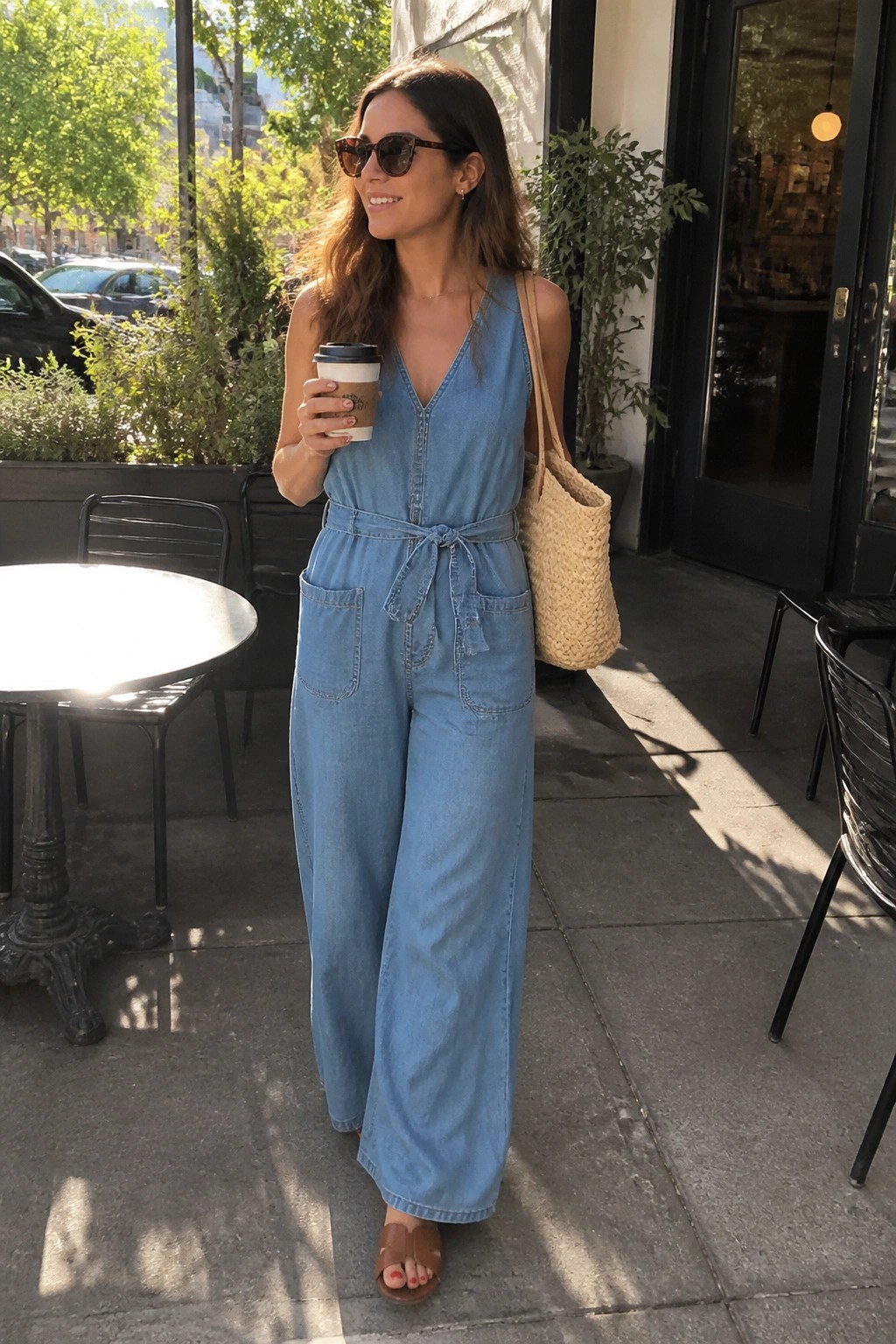 Woman in light blue denim jumpsuit holding coffee and straw bag at cafe