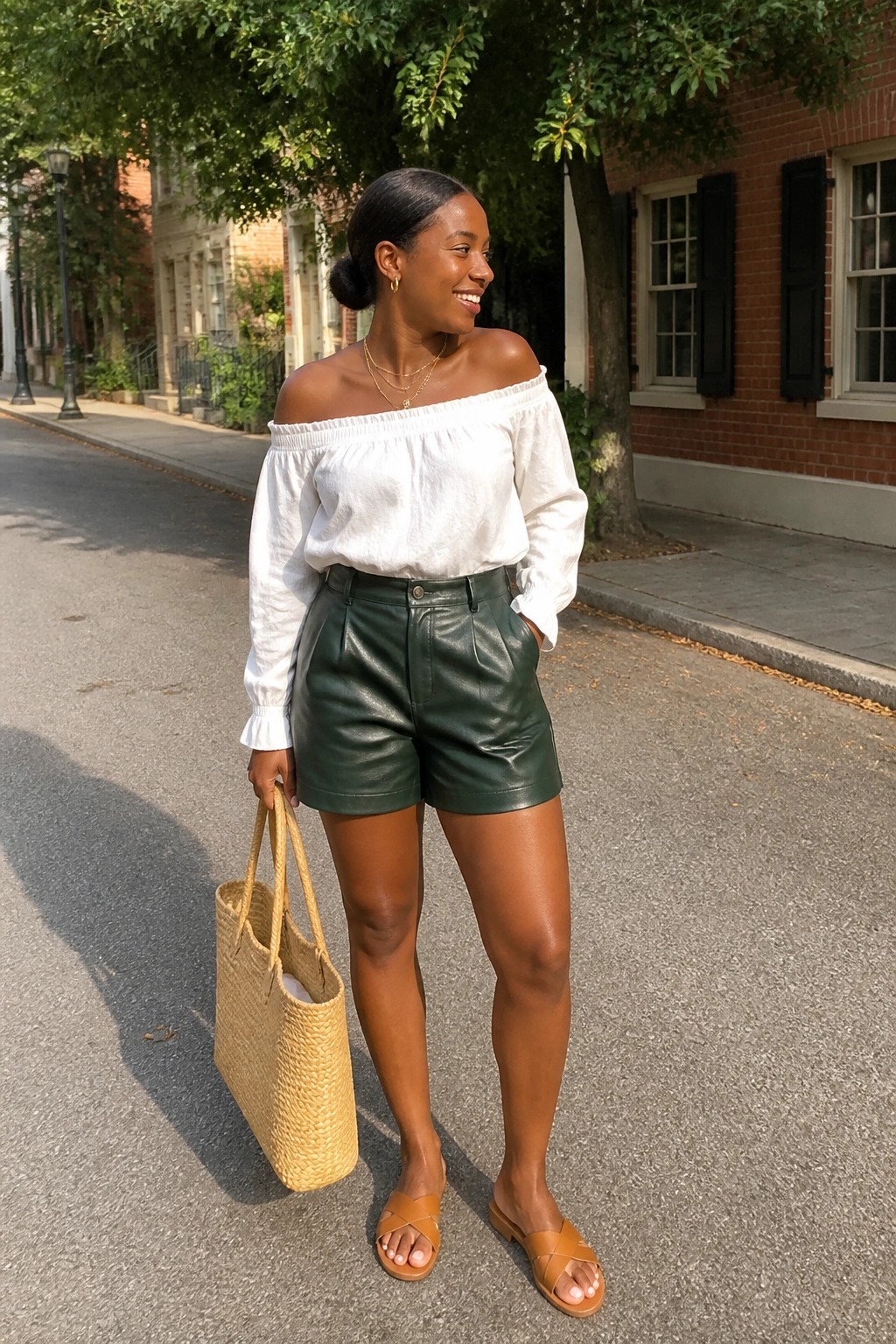 Black woman in white off shoulder blouse tucked into green leather shorts with straw tote bag and brown slide sandals standing on sidewalk.