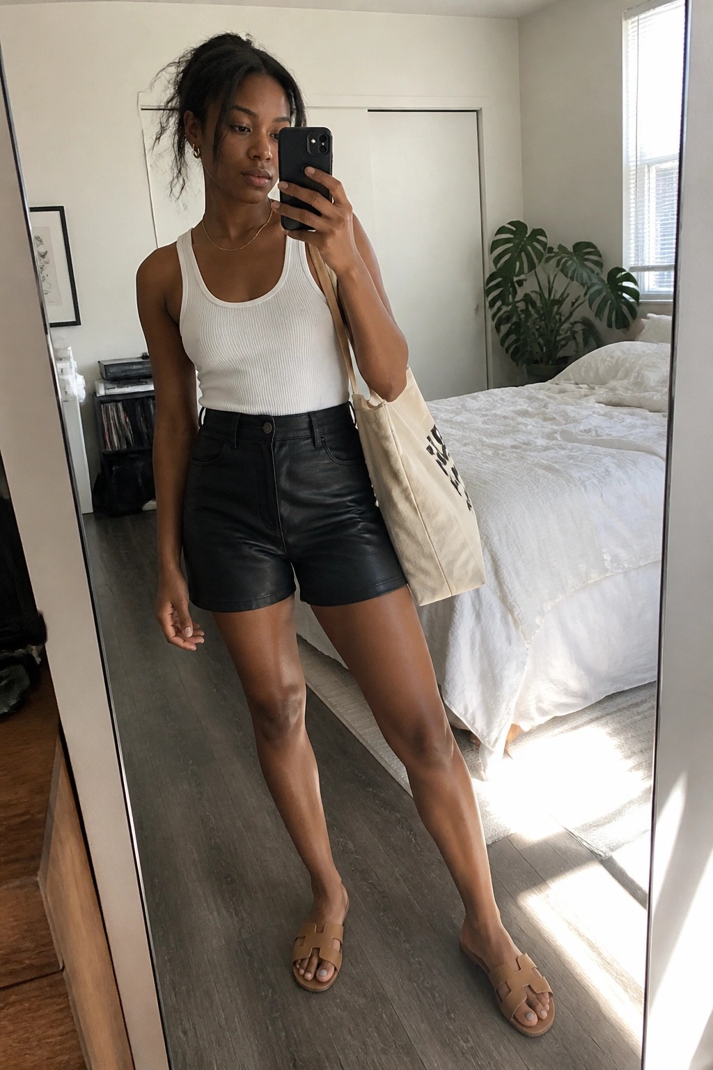 Woman in white tank top and black leather shorts holding phone and tote bag in bedroom